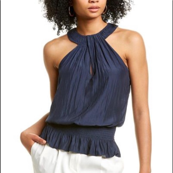 Ramy Brook Tops - Ramy Brook Womens Rae Navy Silk Pleated Keyhole Sleeveless Shirt Halter Top NWT
